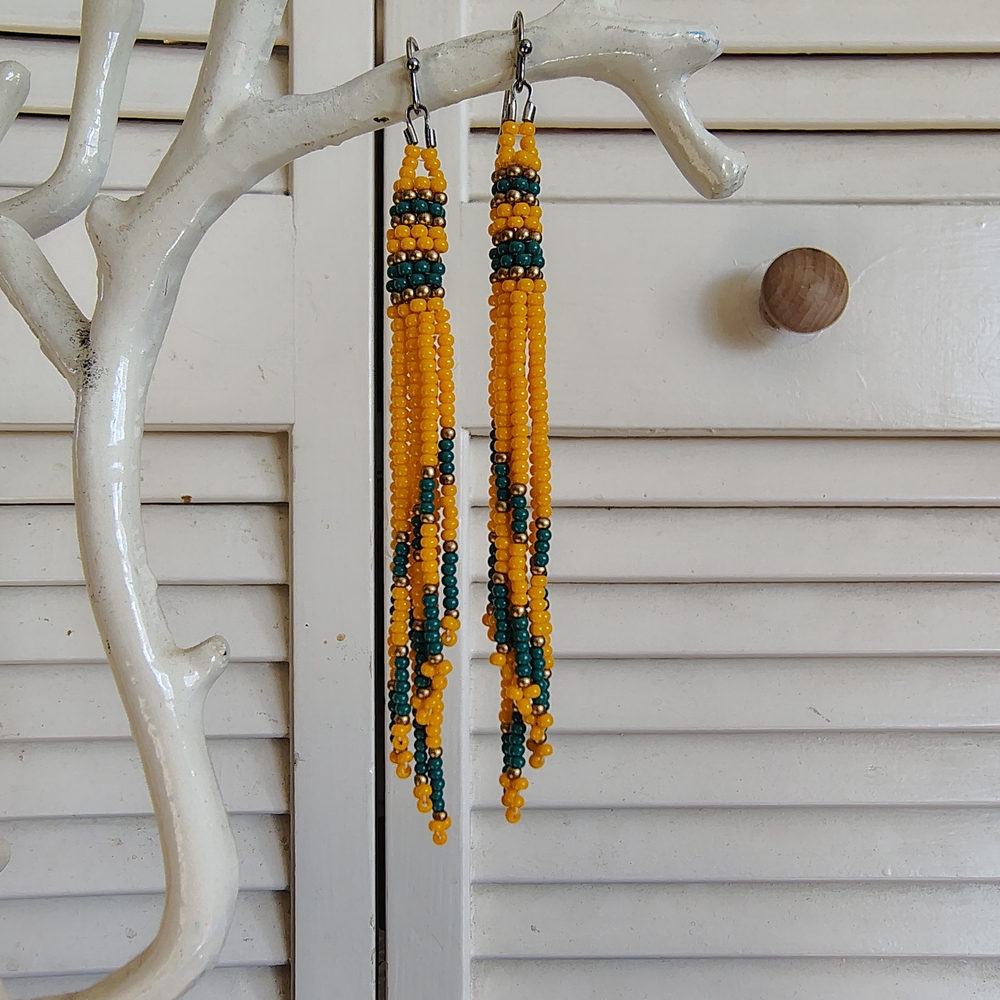 Handmade Gold & Emerald Green Beaded Fringe Earrings – Stainless Steel Hooks OS - Picture 2 of 3